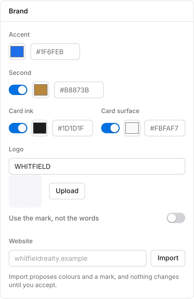 The Brand panel in the SelfMark app: an accent, a second accent, card ink and card surface, each with its own switch and hex value, then the logo well and a Website field with Import beside it